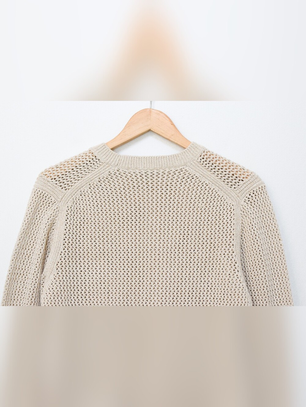 Everlane Mesh Soft Cotton Crew Neck Sweater Tan Beige Open Knit Size L Fisherman - Picture 8 of 10